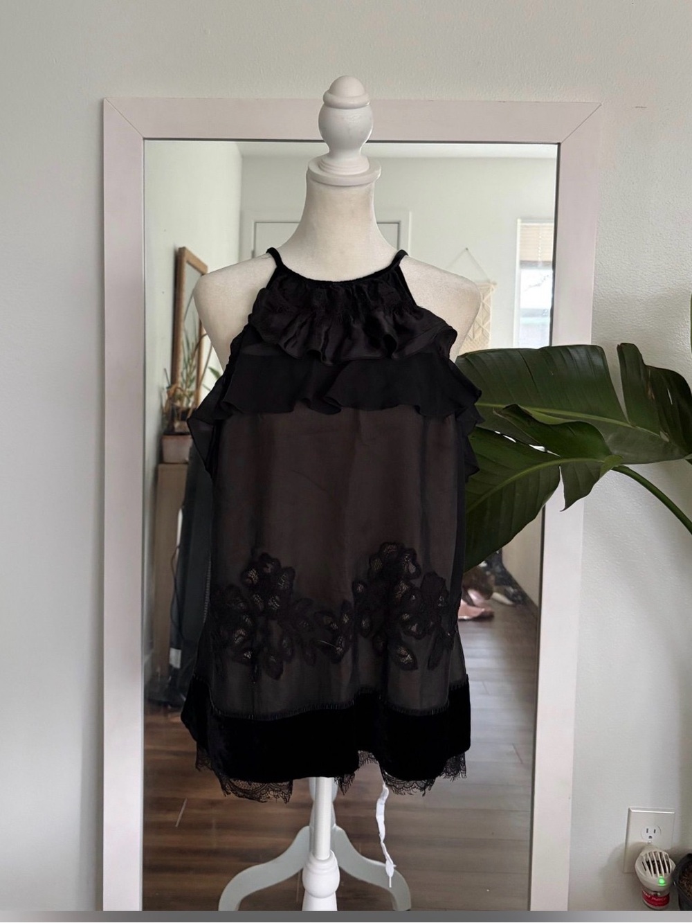 Black Ruffled Lace Trim Blouse